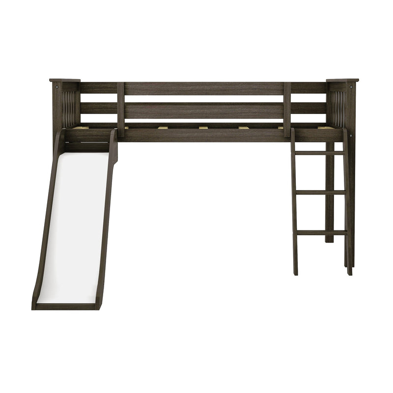 Dark espresso twin loft bed with slide and ladder, safety rails and slatted panels — space-saving kids bedroom solution