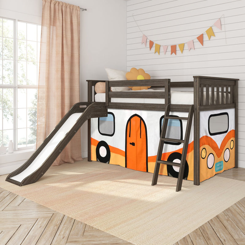 Kids loft bed with slide and ladder featuring orange camper play-tent curtain, flower pillow, pastel bunting and soft natural light