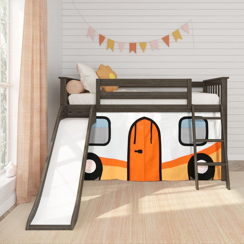 Kids loft bed with slide and ladder, dark wood toddler bunk with orange camper-van playhouse curtain, pastel bunting and cozy nursery decor
