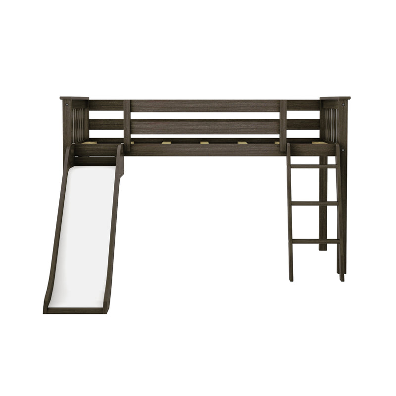 Dark brown solid wood twin loft bed with safety guardrail, built-in ladder and slide — space-saving kids bedroom bunk bed