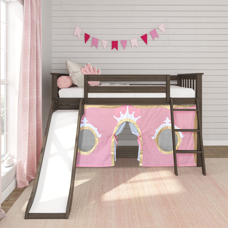 Girls wooden loft bunk bed with slide and pink princess play tent, coordinating pillows and pennant bunting in modern kids bedroom