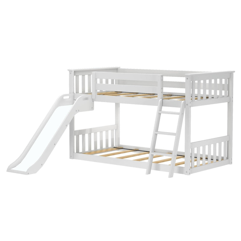 White wooden loft bunk bed with slide and ladder, twin-over-full kids' bed with safety rails and slatted mattress support for children's bedroom furniture
