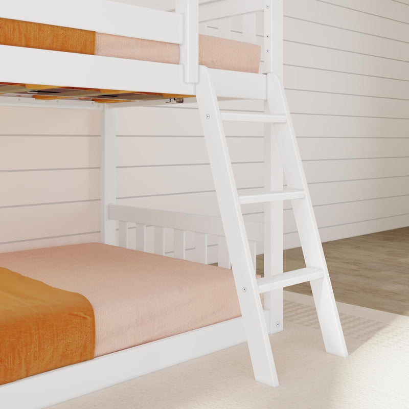 White wooden bunk bed with ladder and peach mattresses in a modern farmhouse kids' bedroom with shiplap wall paneling and light hardwood floor