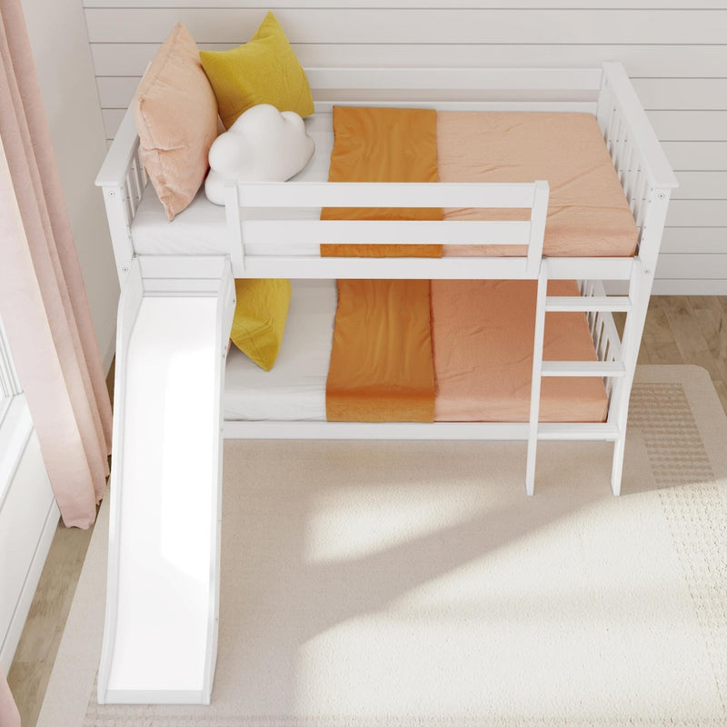 White wooden bunk bed with slide and ladder in bright kids' bedroom, peach and mustard bedding and cloud-shaped pillow