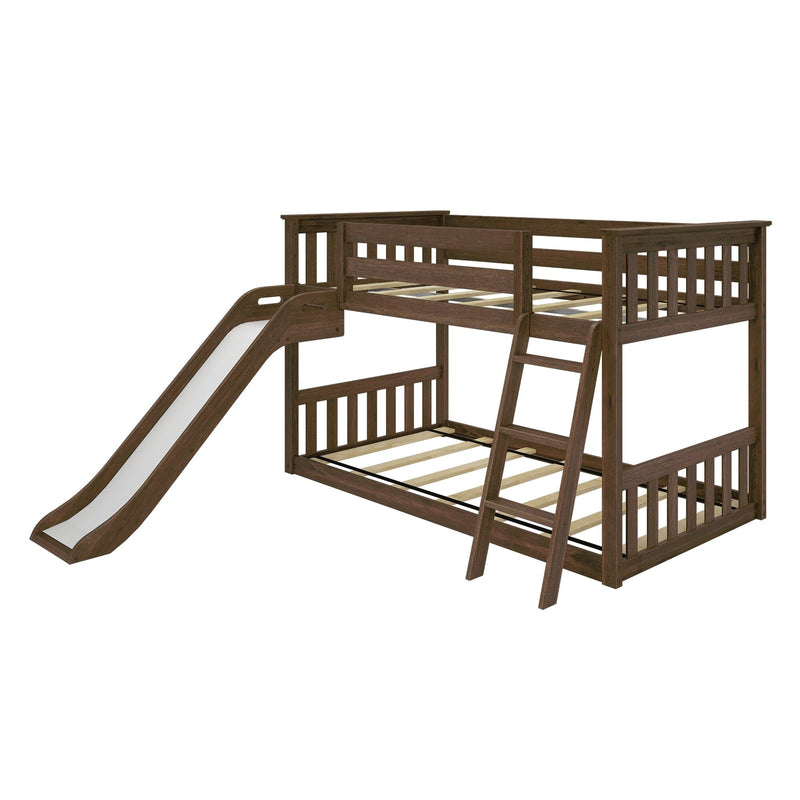 Dark brown wooden loft bunk bed with built-in slide, ladder and safety rails, twin-over-full slatted kids bed