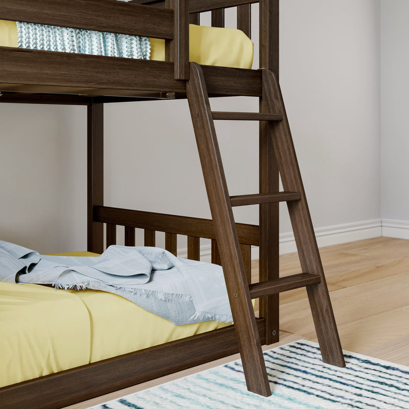 Close-up of dark walnut wooden bunk bed ladder with yellow mattress and light blue blanket in modern kids bedroom on hardwood floor