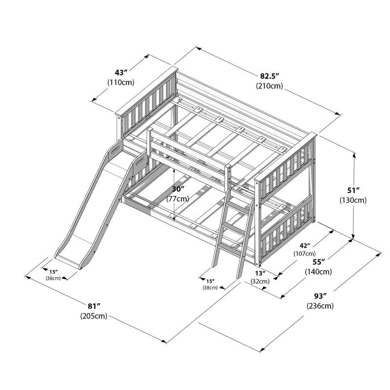 Children's wooden loft bunk bed with slide and ladder, twin slatted frame, safety guardrails and under-bed play area — technical assembly diagram with measurements 93" x 81" (236 x 205 cm) and 82.5" (210 cm)