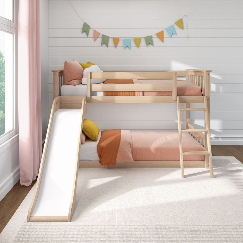 Children's bedroom with natural wood bunk bed and slide, peach bedding and pastel pillows, colorful bunting on white shiplap wall