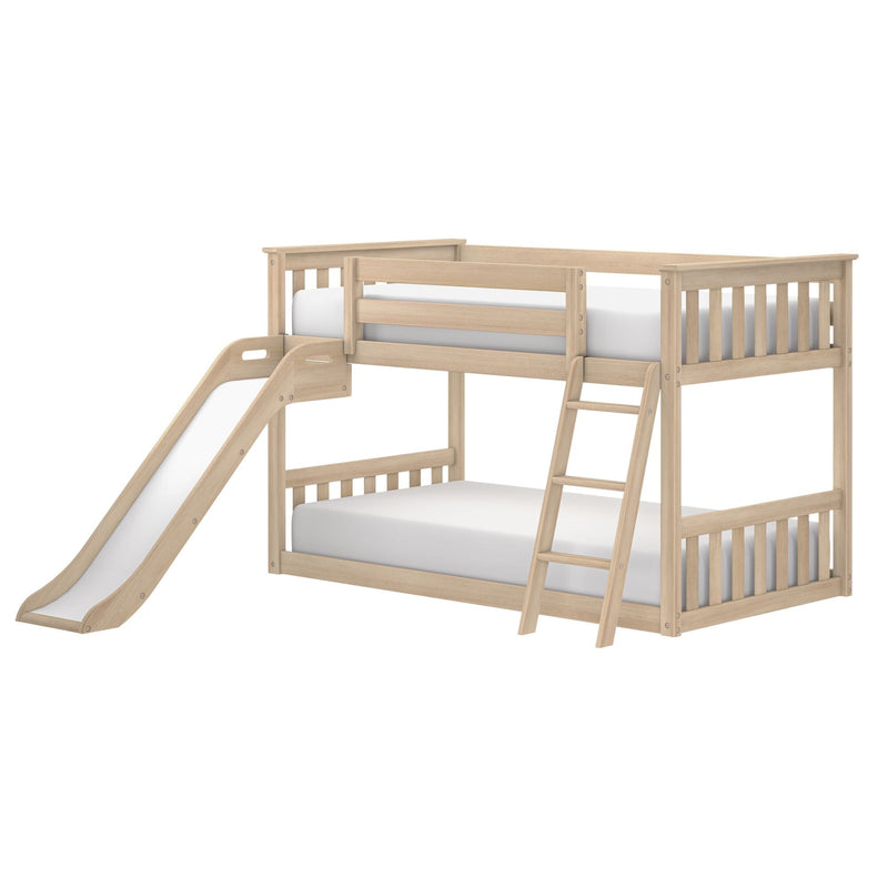 Natural light wood twin-over-full kids loft bed with slide, ladder, safety rails and white mattresses