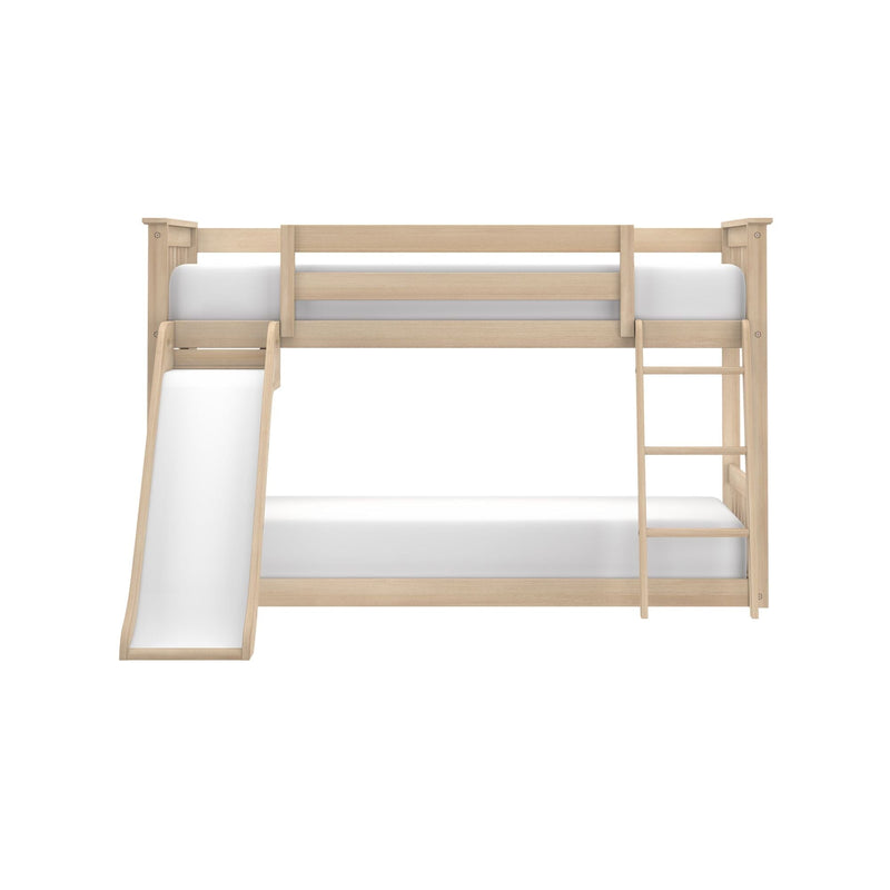 Children's natural wood bunk bed with slide and ladder and white mattresses