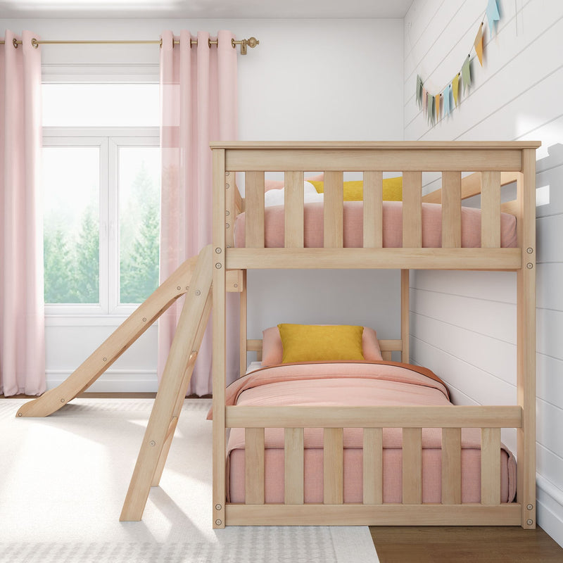 Natural wood bunk bed in a bright kids' bedroom with pink bedding and curtains, yellow accent pillow and pastel garland wall decor
