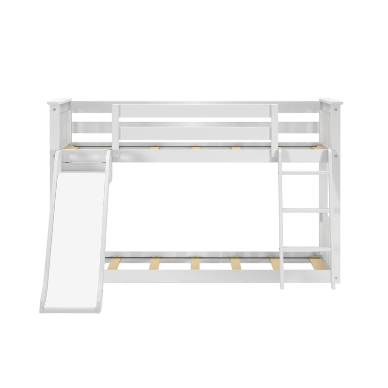 Twin Over Twin Low Bunk Bed with Slide & Pink & White Farmhouse Curtain