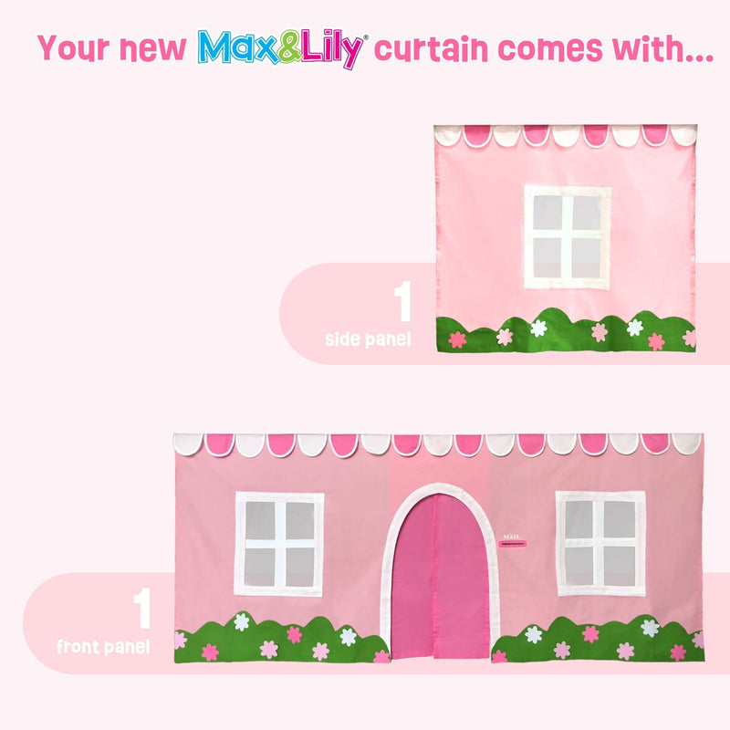 Max & Lily pink kids playhouse curtain panels featuring arched front door, two white-trim windows, scalloped pink-and-white valance and green flowered trim
