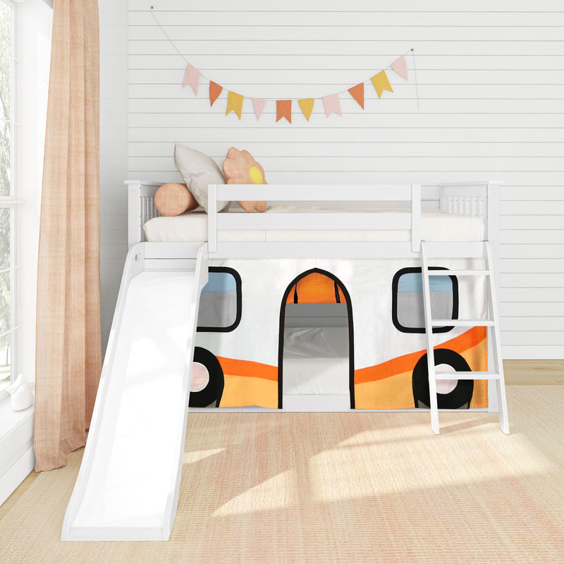 Kids white loft bunk bed with slide and orange camper play tent, pastel pennant garland on white shiplap wall, neutral pillows and beige curtain in modern nursery