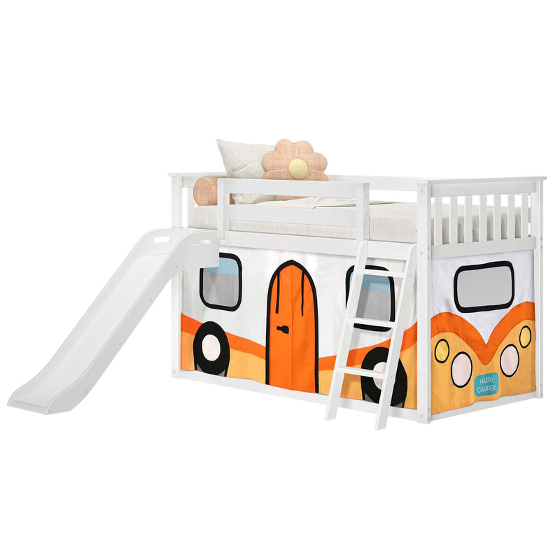 Kids loft bed with slide, white wooden frame and ladder, orange camper play tent panels and flower-shaped cushion