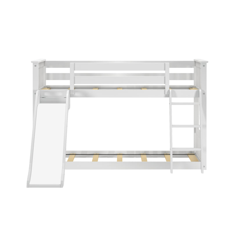White children's loft bed with built-in slide and ladder, wooden slatted frame and safety guardrails on white background