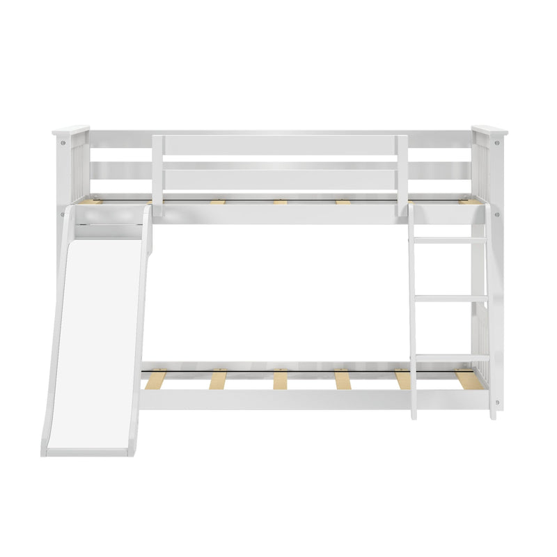 Twin Over Twin Low Bunk Bed with Slide & Black & White Farmhouse Curtain