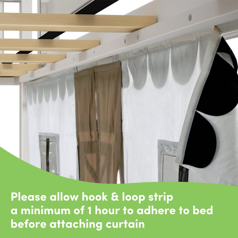 Twin Over Twin Low Bunk Bed with Slide & Black & White Farmhouse Curtain