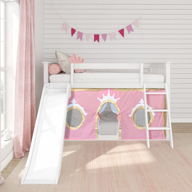 Twin Over Twin Low Bunk Bed with Slide & Princess Curtain