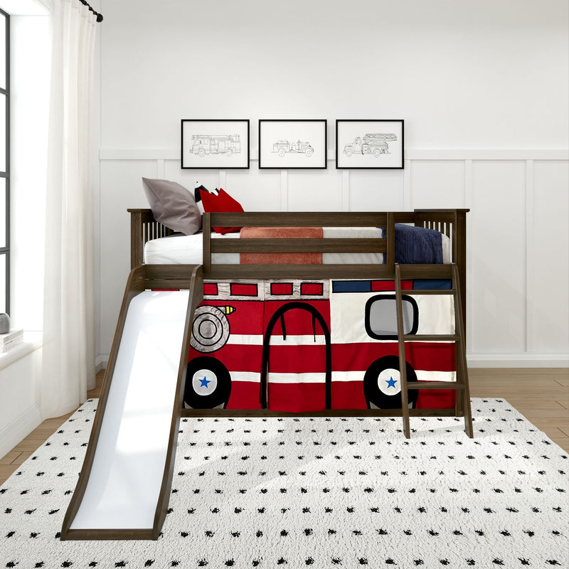 Modern kids' bunk bed with slide, red fire truck-themed bedding and framed fire truck prints in bright white children's bedroom