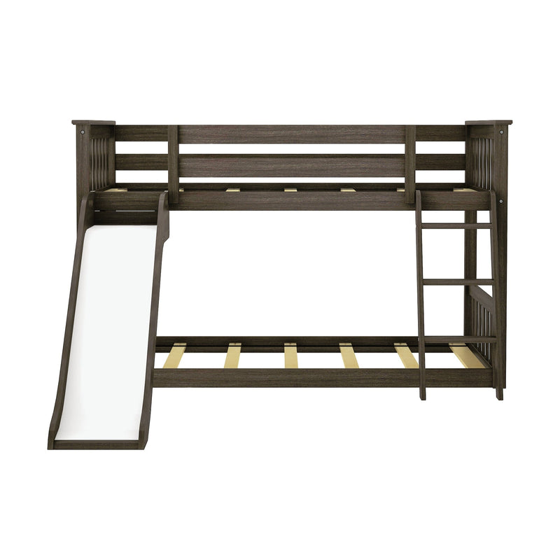 Dark wood twin-over-twin loft bunk bed with slide and ladder, kids' wooden loft bed with guardrails and slatted mattress support