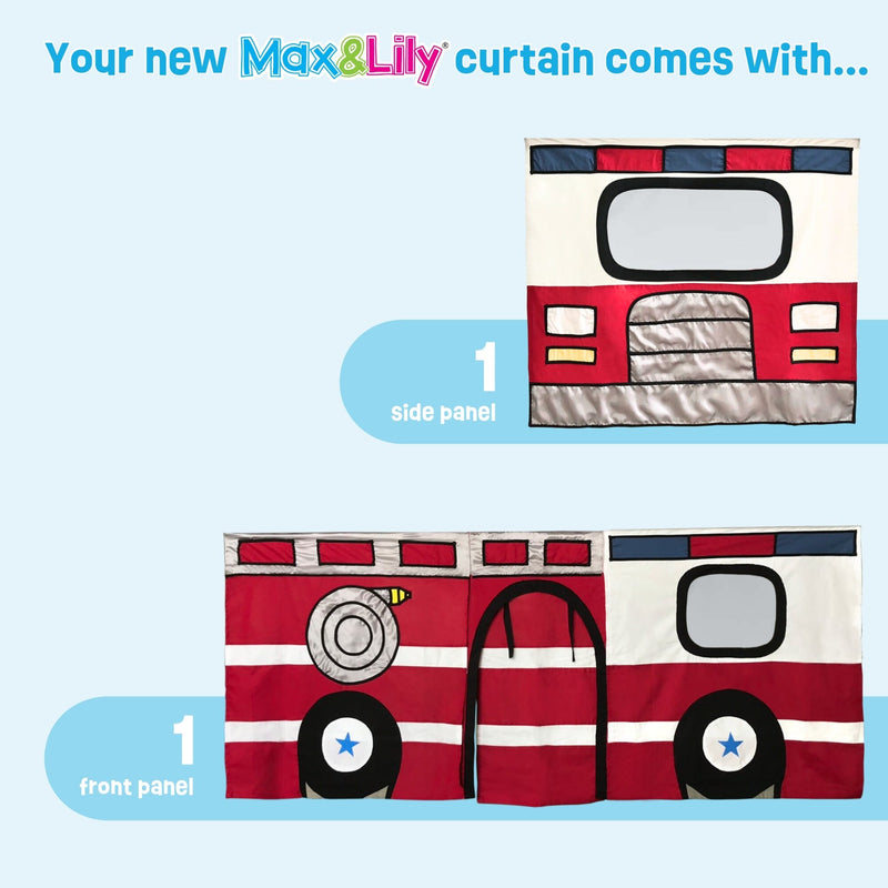 Max & Lily red fire truck play curtain showing front and side panels with wheels, window and ladder details for kids' bedroom