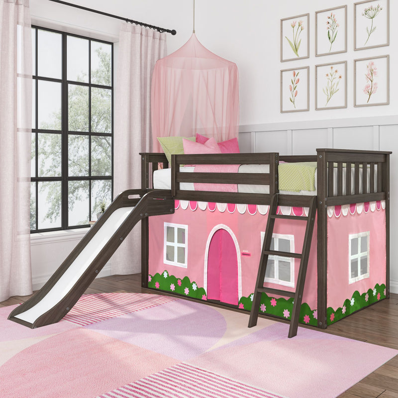 Twin Over Twin Low Bunk Bed with Slide & Pink & White Farmhouse Curtain