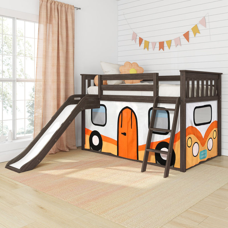 Modern wooden kids loft bed with slide and ladder, orange camper playhouse curtain, flower cushion, pink drapes and shiplap wall bunting