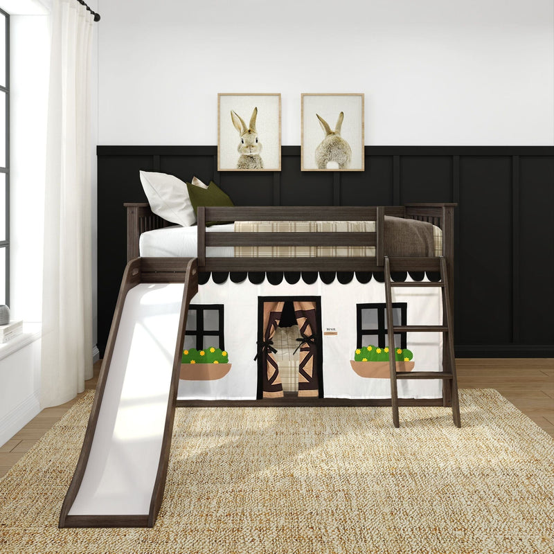 Dark wood twin loft bed with slide and ladder featuring a white playhouse curtain, window boxes and plaid bedding in a modern kids' bedroom with bunny wall art