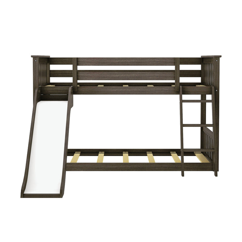 Dark brown wooden kids loft bed with slide and ladder, twin-over-twin bunk featuring guardrails and mattress slats