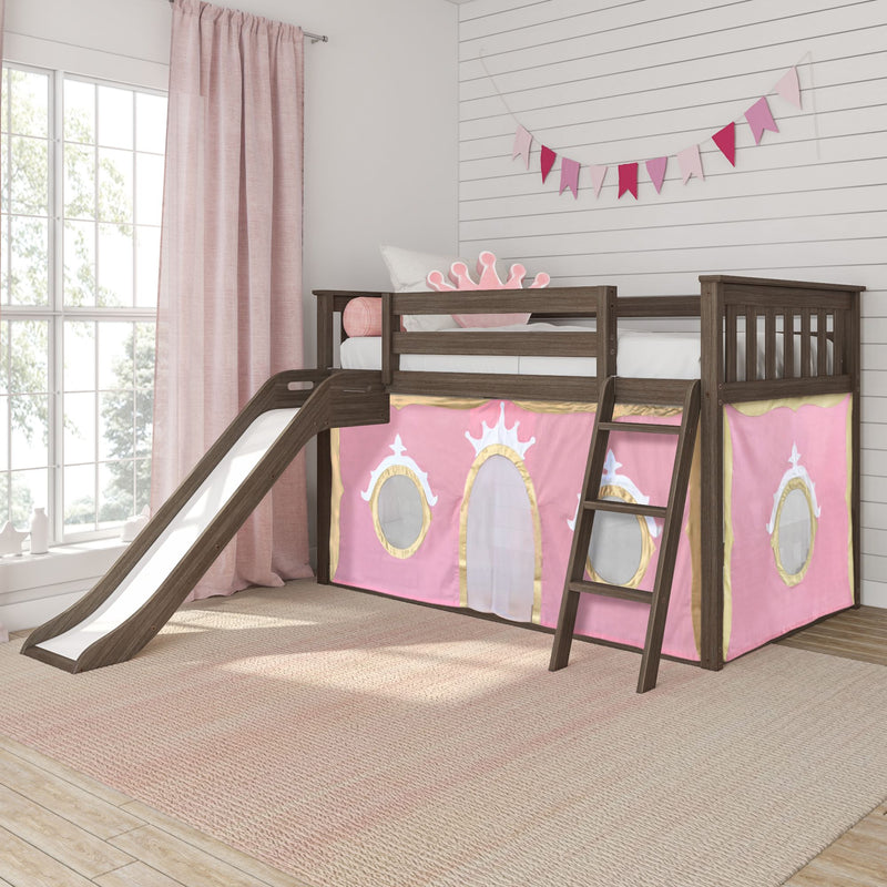 Pink princess wooden loft bed with slide and play tent, pink curtains and pennant bunting in girl's bedroom