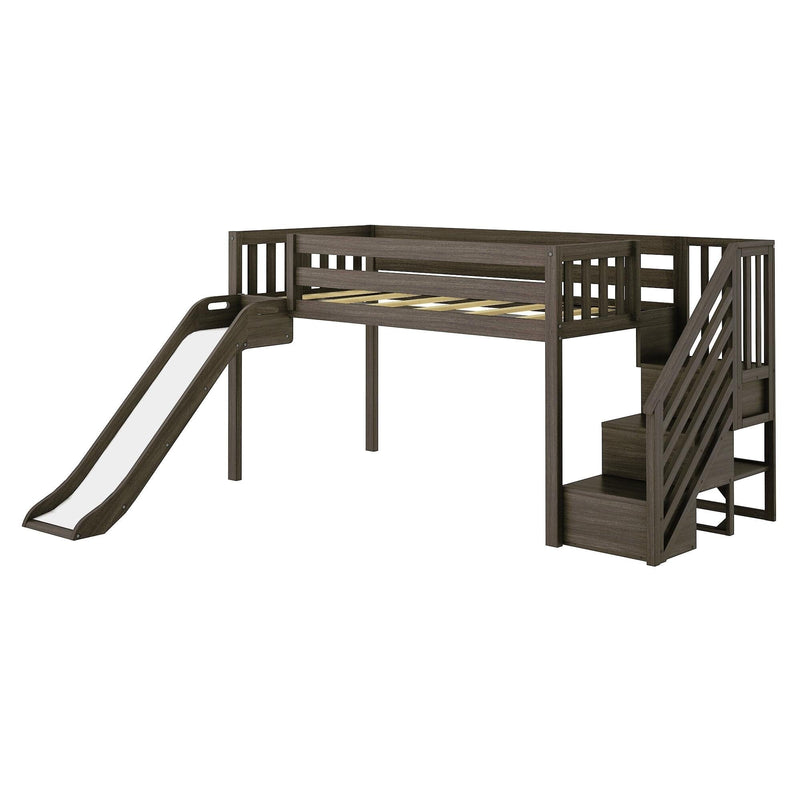 Dark espresso wooden loft bed with built-in slide and storage staircase for kids, twin-size slatted platform and safety rails