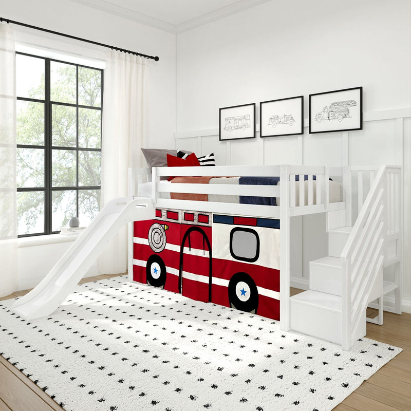 White wooden loft bed with slide and stairs in a modern children's bedroom, red fire truck playhouse curtain, black-and-white patterned rug and framed vehicle prints