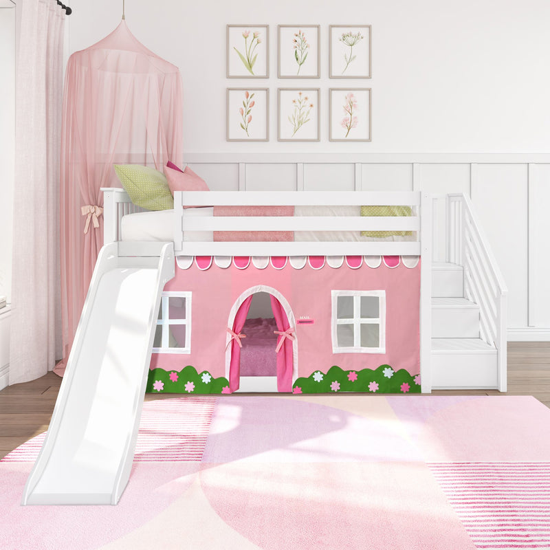 Twin Low Loft Bed with Stairs, Slide, and Pink & White Farmhouse Curtain