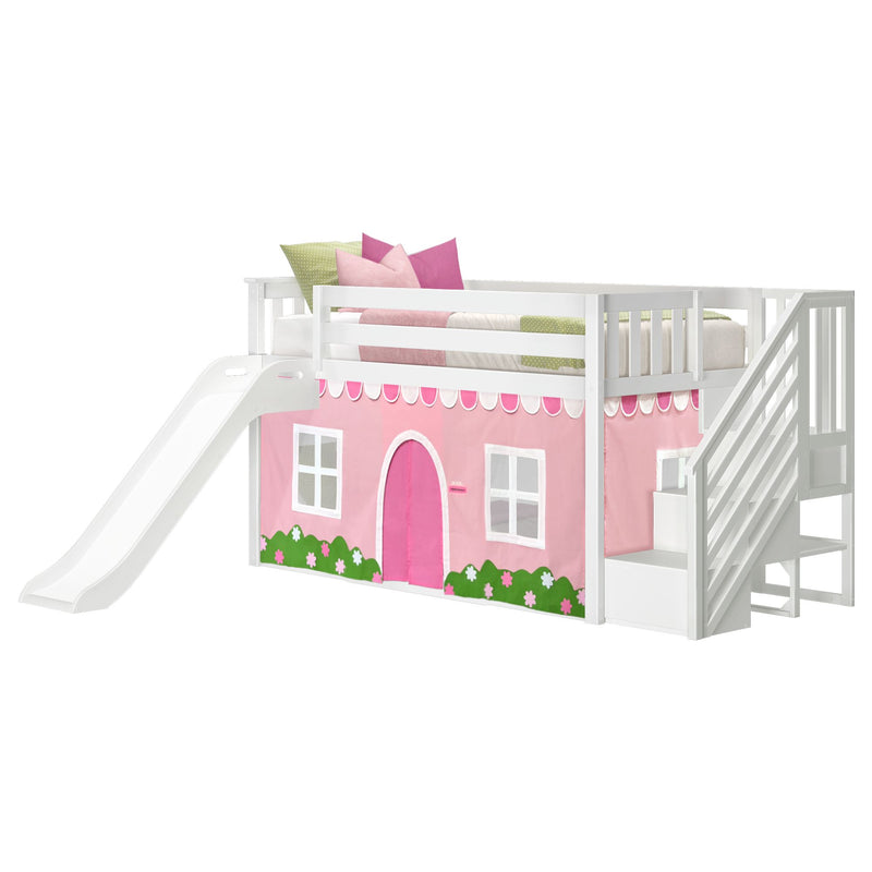 Twin Low Loft Bed with Stairs, Slide, and Pink & White Farmhouse Curtain