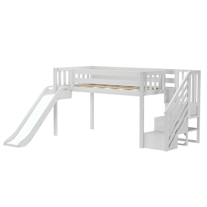 Twin Low Loft Bed with Stairs, Slide, and Pink & White Farmhouse Curtain