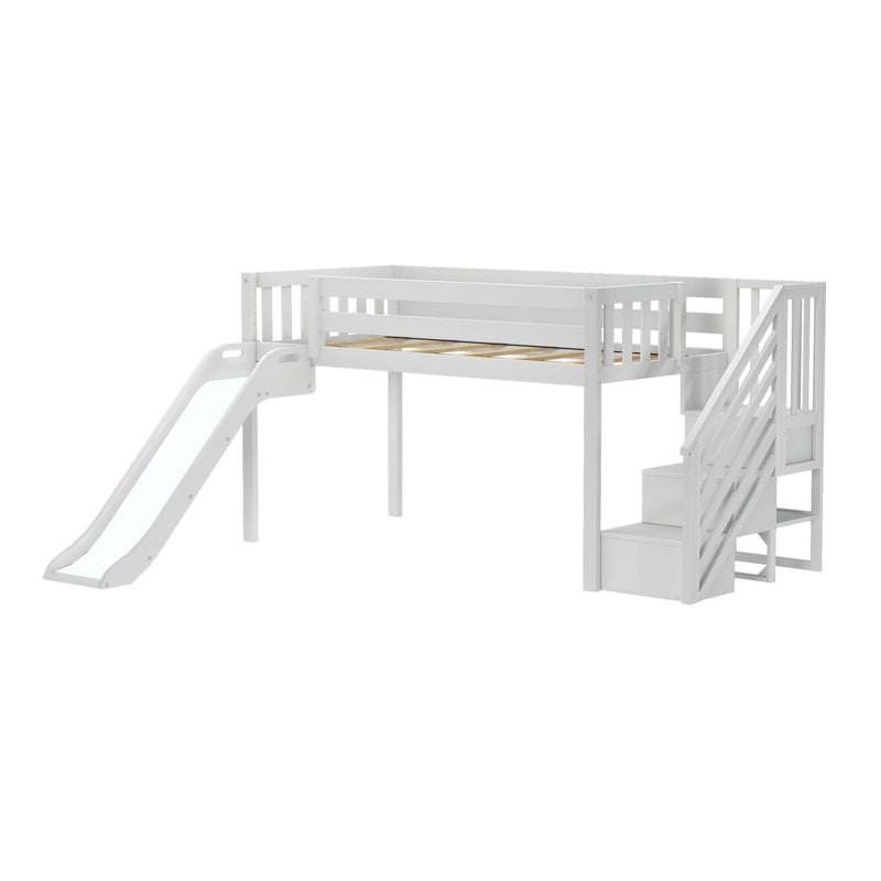 White wooden kids loft bed with slide, built-in stairs and storage drawers — modern space-saving wooden bunk bed design