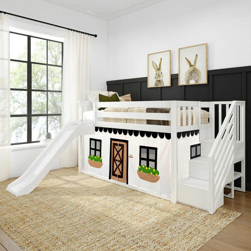 Twin Low Loft Bed with Stairs, Slide, and Black & White Farmhouse Curtain