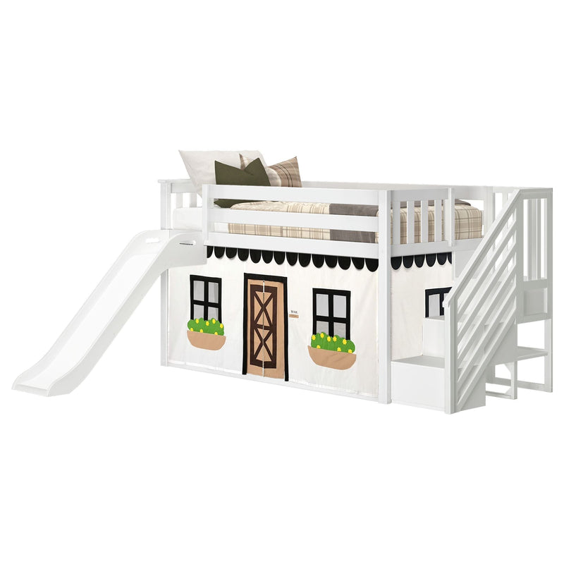White wooden twin loft bed with slide and staircase storage, under-bed playhouse curtain with windows and flower boxes, kids bedroom furniture
