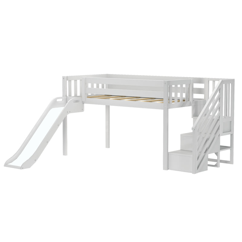 White kids loft bed with slide and stairs, white wooden platform with guard rails and slatted base — space-saving children's play and sleep loft bed
