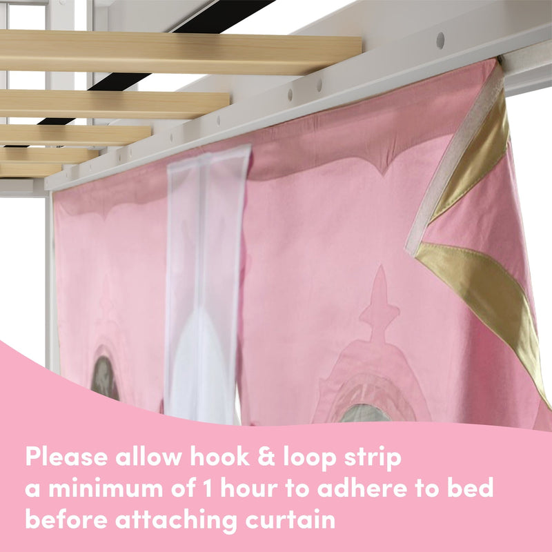 Pink kids princess bed canopy curtain with gold trim attached to a white loft bed using hook and loop adhesive strip; allow 1 hour to adhere