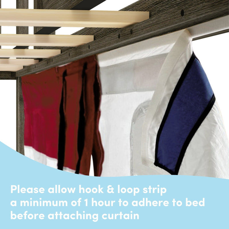 Close-up of bed canopy curtain installation showing hook-and-loop strip on bed frame with instruction to allow at least 1 hour for the strip to adhere before attaching the curtain