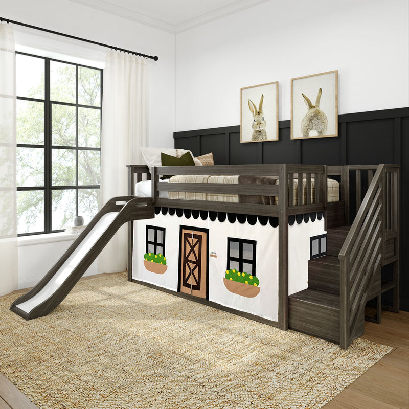 Modern neutral kids loft bed with slide, dark wood farmhouse playhouse curtain, plaid bedding and bunny wall art