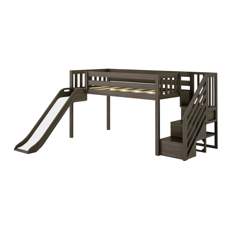 Dark brown wooden loft bed with slide and built-in storage stairs, twin loft bed with guardrails and slatted mattress support for kids' rooms