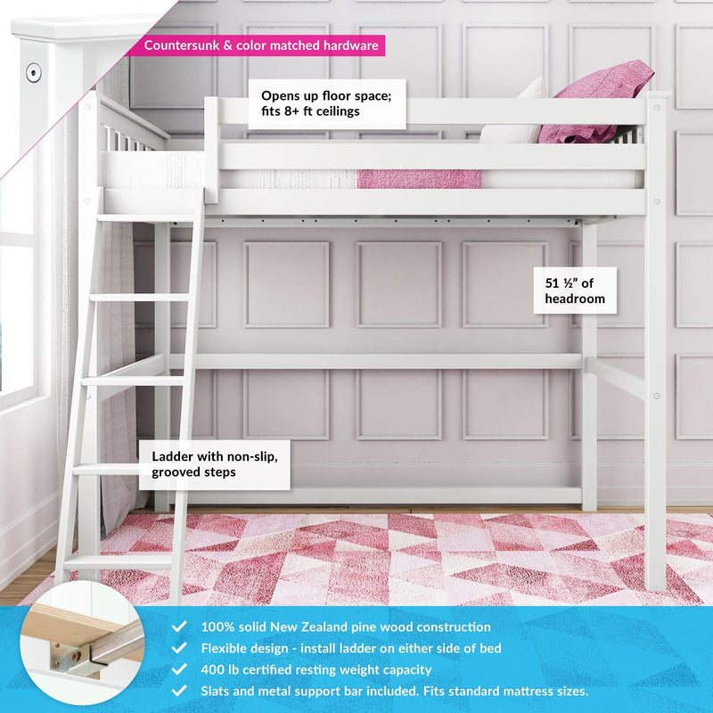 White solid New Zealand pine loft bed with ladder and guardrail, space-saving twin design fits 8+ ft ceilings with non-slip grooved ladder steps