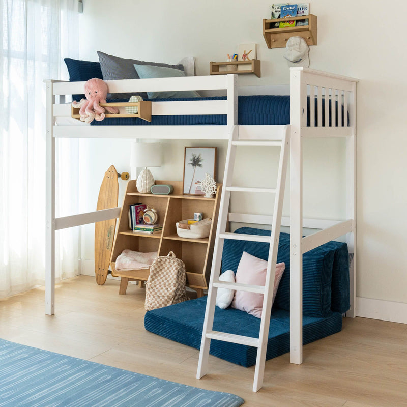 Kids white wooden loft bed with ladder and navy bedding in a bright modern children's bedroom, plush pink octopus toy and built-in shelving with books, skateboard and storage baskets creating a cozy reading and play nook