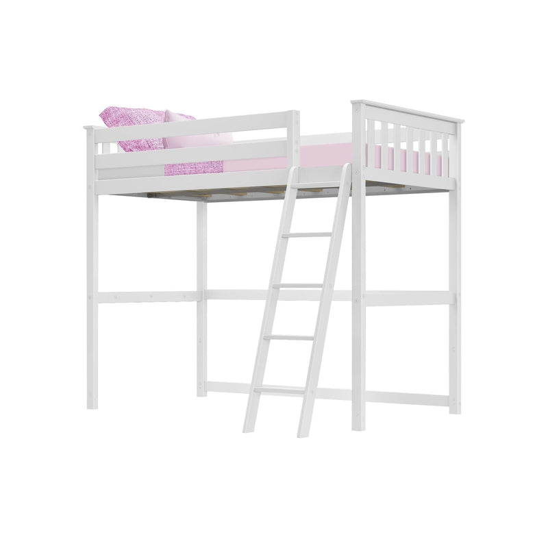 White twin loft bed with ladder and pink bedding, space-saving high sleeper bed for kids and teens, modern white wooden bedroom furniture