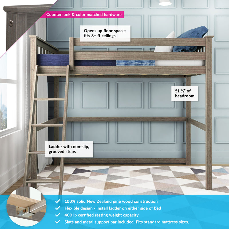 Gray-washed wooden loft bed with ladder and guardrails, solid pine construction, non-slip ladder steps and open space below for desk or play