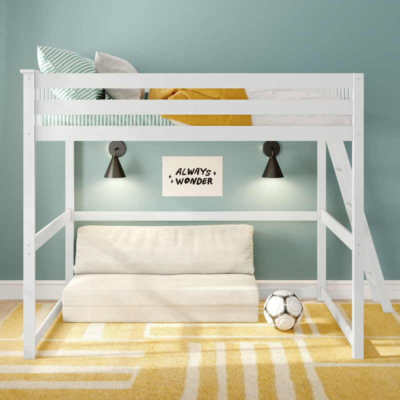 White wooden loft bunk bed in a kids' bedroom with teal accent wall, green-striped pillow, mustard yellow blanket, wall sconces, "Always Wonder" sign and soccer ball on yellow rug