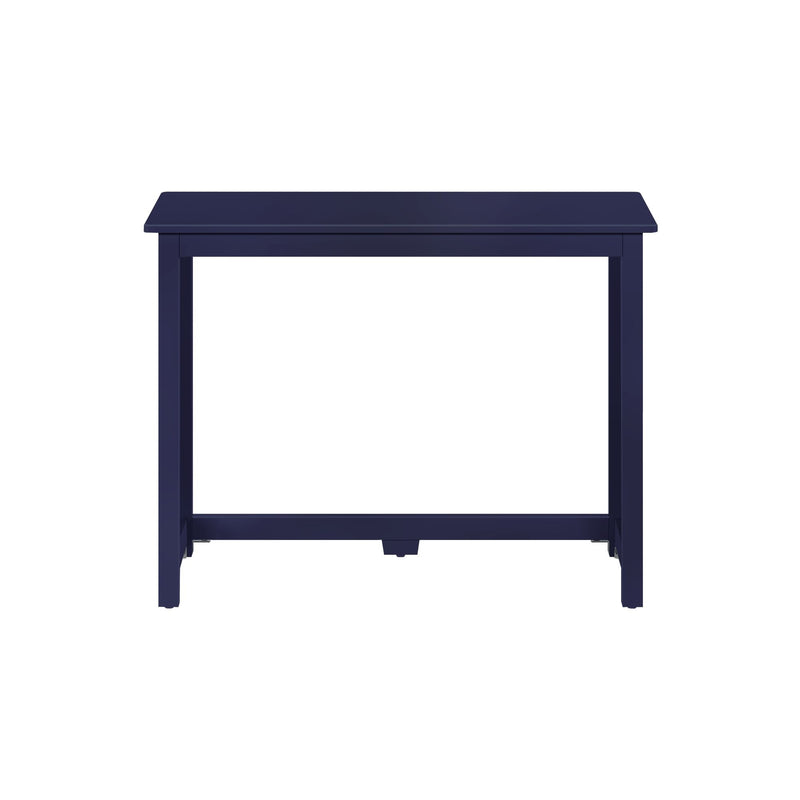 Navy blue painted wood table frame with rectangular top, straight legs and lower stretcher — minimalist dining table isolated on white background